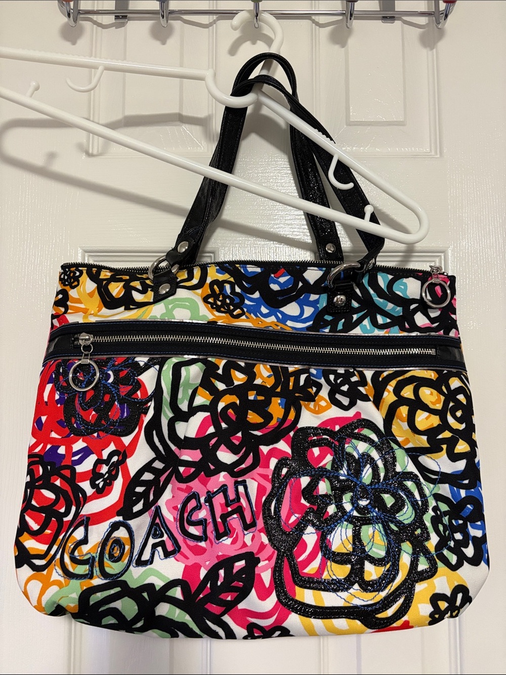 Coach women’s Multicolor Floral Canvas Bag with Black Handles - Picture 2 of 9